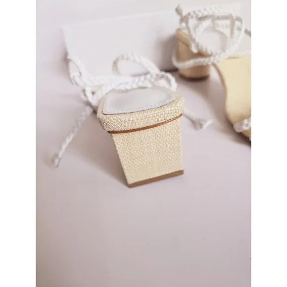 Schutz Hina Daisy Fairy Rafia Floral Lace Up White Block Heels Sandals Shoes 7.5 - Picture 12 of 14